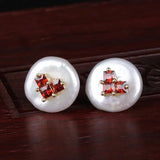 Colorful CZ Coin Pearl Stud Earrings