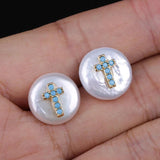 Colorful CZ Coin Pearl Stud Earrings