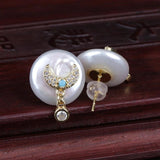 Colorful CZ Coin Pearl Stud Earrings