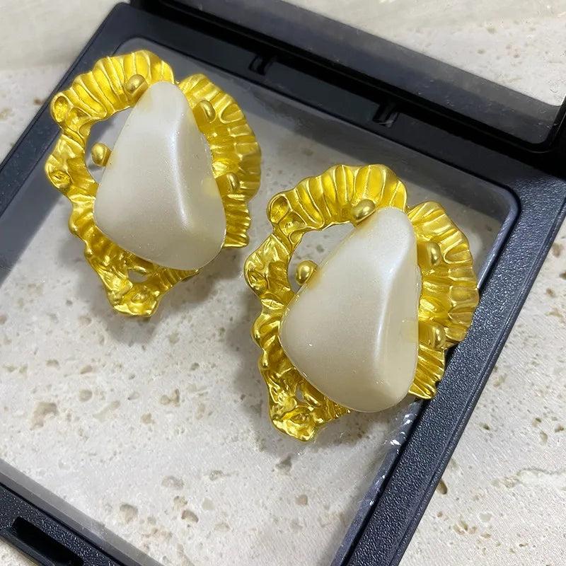French Retro Large Pearl Stud Earrings Irregular Stone for Women