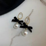 Bow Pearl Earrings for Women Long Hanging Drop Earrings