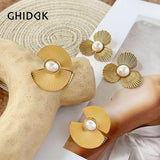 Fan Shape Stud Earrings with Simulated Pearl, Stainless Steel