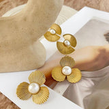 Fan Shape Stud Earrings with Simulated Pearl, Stainless Steel
