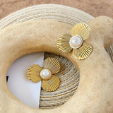 Fan Shape Stud Earrings with Simulated Pearl, Stainless Steel