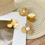 Fan Shape Stud Earrings with Simulated Pearl, Stainless Steel