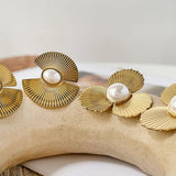Fan Shape Stud Earrings with Simulated Pearl, Stainless Steel