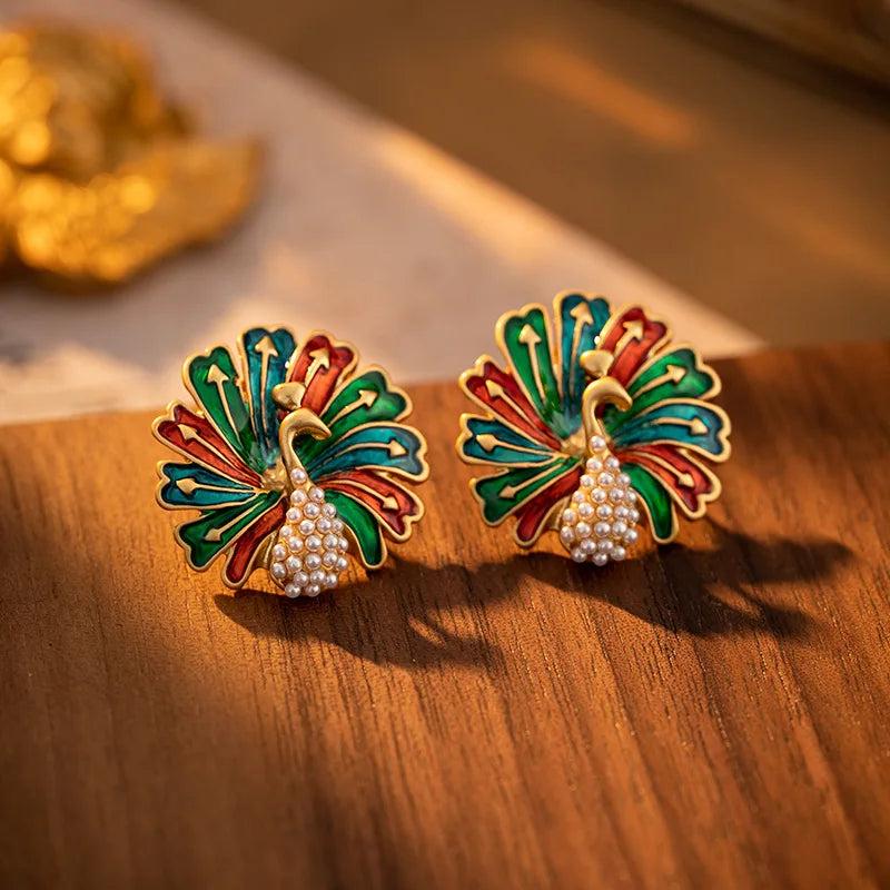 925 Silver Peacock Stud Earrings Simulated Pearl Vintage Style for Women