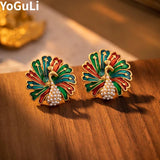 925 Silver Peacock Stud Earrings Simulated Pearl Vintage Style for Women