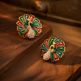 925 Silver Peacock Stud Earrings Simulated Pearl Vintage Style for Women