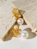 Peri'sbox Plated Teardrop Zircon Hollow Flower Large Pearl Stud Earrings