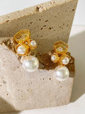 Peri'sbox Plated Teardrop Zircon Hollow Flower Large Pearl Stud Earrings