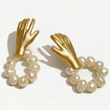 Peri'sbox Matte Plated Hand Stud Earrings with Freshwater Pearls