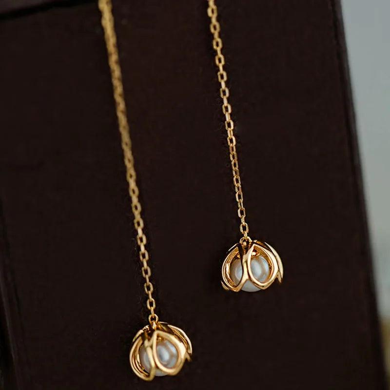 14K Silver Pearl Flower Earrings Wedding Jewelry