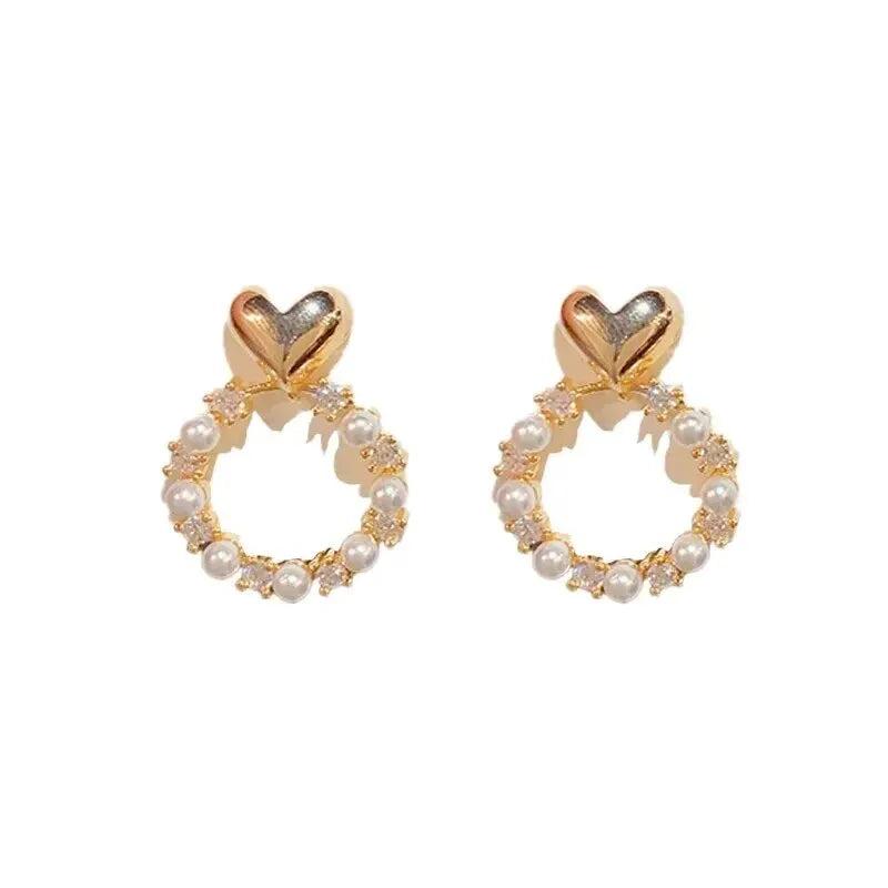 S925 Silver Needle Heart Pearl Ring Earrings Women Fresh Sweet Style