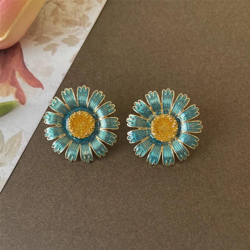Green Sun Flower Pearl Ear Studs for Women