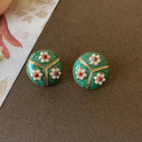 Green Sun Flower Pearl Ear Studs for Women