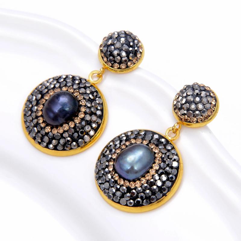 Korean Natural Freshwater Pearls Earrings with Rhinestone Inlay