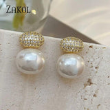 Oval Pearl Stud Earrings Geometric CZ Wedding Party Jewelry