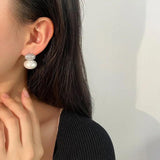 Oval Pearl Stud Earrings Geometric CZ Wedding Party Jewelry
