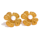 Stainless Steel Flower Plant Pearl Stud Earrings for Women