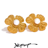 Stainless Steel Flower Plant Pearl Stud Earrings for Women
