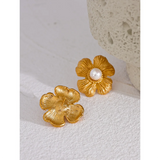 Stainless Steel Flower Plant Pearl Stud Earrings for Women