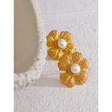 Stainless Steel Flower Plant Pearl Stud Earrings for Women