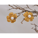 Stainless Steel Flower Plant Pearl Stud Earrings for Women