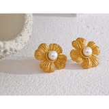 Stainless Steel Flower Plant Pearl Stud Earrings for Women