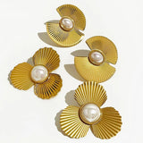 Peri'sbox Fan Shape Stud Earrings with Simulated Pearl