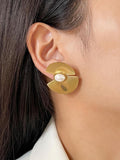 Peri'sbox Fan Shape Stud Earrings with Simulated Pearl