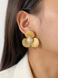Peri'sbox Fan Shape Stud Earrings with Simulated Pearl