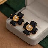 Four-leaf Clover Earrings Pearl Camellia Flowers French Style Earrings