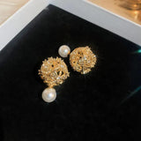 Gold Hollow Ball Double Sided Pearl Ear Studs