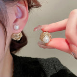 Gold Hollow Ball Double Sided Pearl Ear Studs