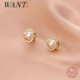 925 Silver Zircon Flower Pearl Stud Earrings for Women Wedding Gift