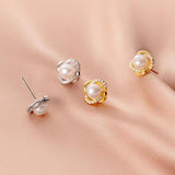 925 Silver Zircon Flower Pearl Stud Earrings for Women Wedding Gift