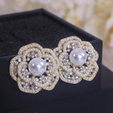 Romantic Pearl Flower Stud Earring for Women Rhinestone Earring