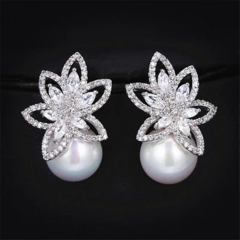Flower Simulated Pearl Stud Earrings For Women Engagement Wedding