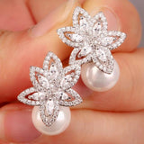 Flower Simulated Pearl Stud Earrings For Women Engagement Wedding
