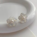 Minar Shell Flower Stud Earrings 14K Real Plated Brass Freshwater Pearl
