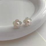 Minar Shell Flower Stud Earrings 14K Real Plated Brass Freshwater Pearl