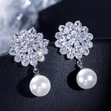Zircon Leaf Stud Earring Simulated Pearl Wedding Jewelry