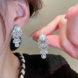 Zircon Leaf Stud Earring Simulated Pearl Wedding Jewelry