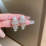 Zircon Leaf Stud Earring Simulated Pearl Wedding Jewelry