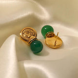 Vintage Stainless Steel Coin Pearl Dangle Earrings 18K PVD Plated