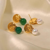 Vintage Stainless Steel Coin Pearl Dangle Earrings 18K PVD Plated