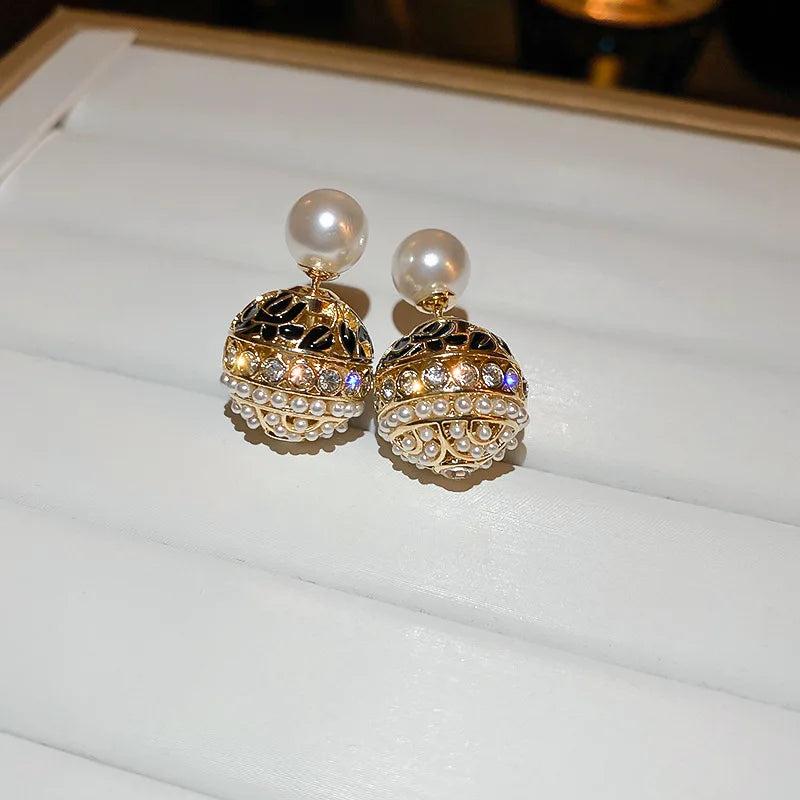 Double-sided Pearl Earrings Zirconia Ball Front Back