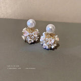 Double-Sided Pearl Stud Earrings Flower Statement Earrings