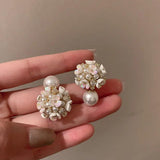 Double-Sided Pearl Stud Earrings Flower Statement Earrings